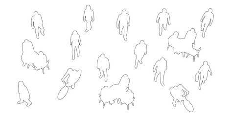 CAD Drawings. Outline Set people isolated on white background. Sitting, walking, running, cycling. Top view. Vector illustration.