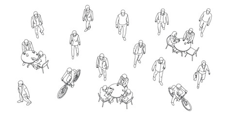 Fototapeta na wymiar CAD Drawings. Set people outlines isolated on white background. Sitting, walking, running, cycling. Top view. Vector illustration.