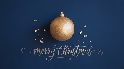A golden Christmas bauble with scattered confetti and "merry Christmas" text on a dark blue background.