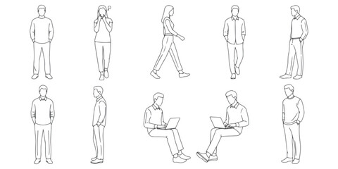 CAD Drawings. Set people outlines isolated on white background. Walking, standing, talking etc. Vector illustration.