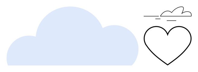 Large blue cloud and outlined heart with subtle line accents, combining nature and emotions. Ideal for digital design, love, connection, environment, minimalism, creativity abstract concepts. Simple