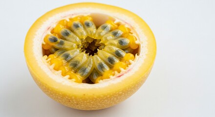 Half a passionfruit Yellow shell seeds in clear sacs