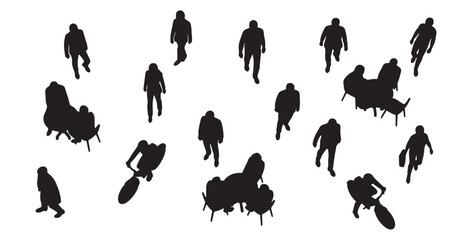 CAD Drawings. Silhouette Set people outlines isolated on white background. Sitting, walking, running, cycling. Top view. Vector illustration. © MkJutt