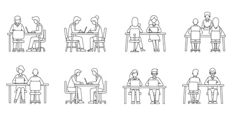 CAD Drawings. Set people working on the table outlines isolated on white background. Side view. Vector illustration.