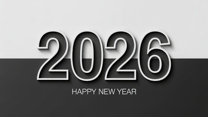 A sleek graphic design featuring the year 2026 in bold, outlined numbers with a shadow effect, accompanied by 'HAPPY NEW YEAR' text on a split white and dark grey background.