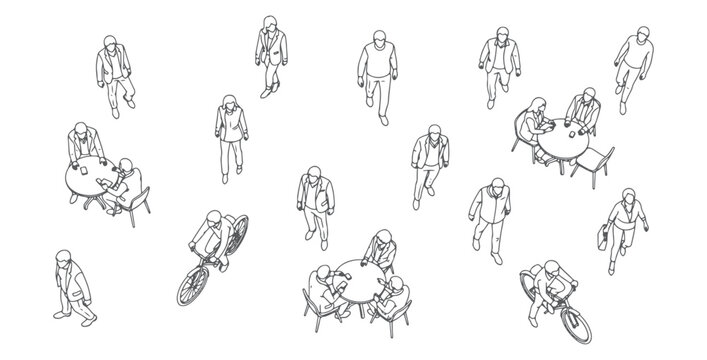 CAD Drawings. Set people outlines isolated on white background. Sitting, walking, running, cycling. Top view. Vector illustration.
