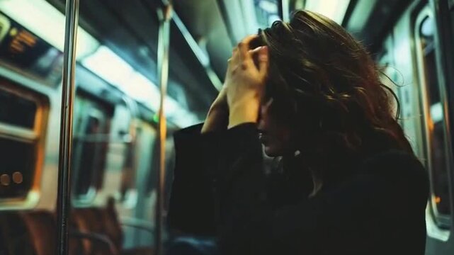 Lonely office woman commuting on new york subway after work reflecting on life purpose amid city lights and quiet solitude