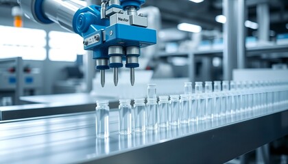 Robotic arm filling vials on a conveyor belt in a pharmaceutical manufacturing clean room setting
