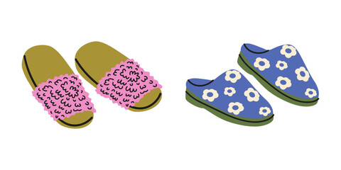Set of cozy house slippers in cartoon doodle style. Modern warm comfortable slippers. Vector illustrations