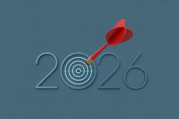 A red dart hitting the bullseye of a target that replaces the zero in the year 2026, symbolizing future goals and success.