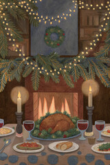 Christmas Dinner by the Fireplace
