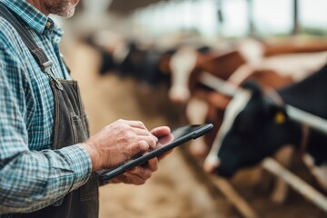 Farmer Using Tablet with Blurred Dairy Cow Background