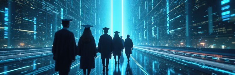 Group of graduates walk through digital futuristic city. Illustration represents education innovation, future careers. Symbolizes e-learning transformation artificial intelligence tech, progress.