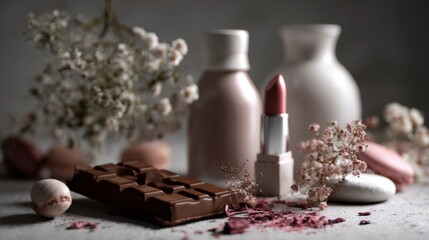 Lipstick with flowers and chocolate displayed on neutral surface feminine composition design