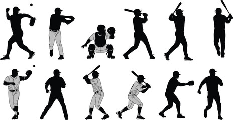 Baseball silhouettes, pitching motion, batting stance, catcher pose, fielding action, sports movement, dynamic posture, black figures, athletic game, teamwork