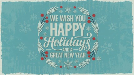 A vintage-style holiday greeting card with a wreath, berries, snowflakes, and text "WE WISH YOU HAPPY Holidays AND A GREAT NEW YEAR" on a blue background.