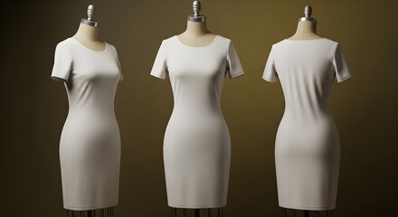 Three views of a white dress on a mannequin, showcasing the front, side, and back designs of the garment.