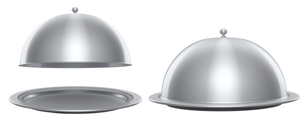 Set tray with cloche ready to serve isolated on white background. 3d render service, restaurant, horeca and first class service concept