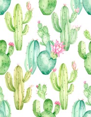 Watercolor Illustration of Various Cactus Plants on White Background (1)