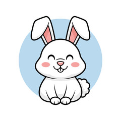 Adorable White Rabbit Illustration with Big Ears and Fluffy Tail, Sitting Happily on a Soft Blue Background - A Cute Cartoon Character