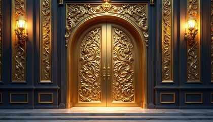 Luxurious gold double doors with intricate carvings, arched top. Ornate entrance flanked by golden wall decor, lamps. Elegant architecture design with majestic grand entranceway. Opulent metalwork