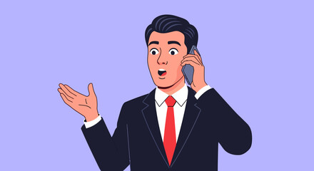 Surprised Businessman Talking on Cell Phone with Expressive Hand Gesture Modern Illustration