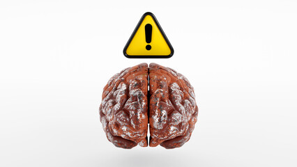 3D rendering of a rusty brain with an exclamation mark, sign, warning on white background, Lack of idea and creative brain usage concept
