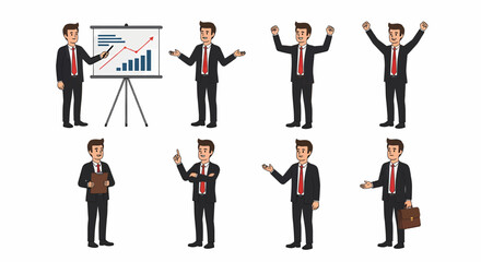 Business Man Character Set Presentation Success Gestures and Poses Collection