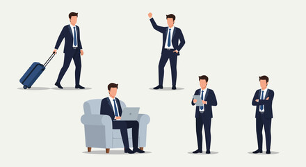 Set of Business People Illustrations Businessman Poses for Travel Working and Greeting