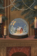 Christmas Snow Globe on Fireplace with Candles — Watercolor Illustration