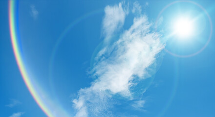 夏の晴天、青空に流れる積乱雲ふわふわの入道雲と輝く太陽のレンズフレア 夏・夏休み・行楽・バカンス・アウトドア・キャンプ・天気・台風一過・紫外線・日焼け 秋・秋晴れ