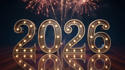 Illuminated marquee numbers 2026 with festive fireworks exploding in the night sky, reflecting on a polished surface, symbolizing a new year celebration.