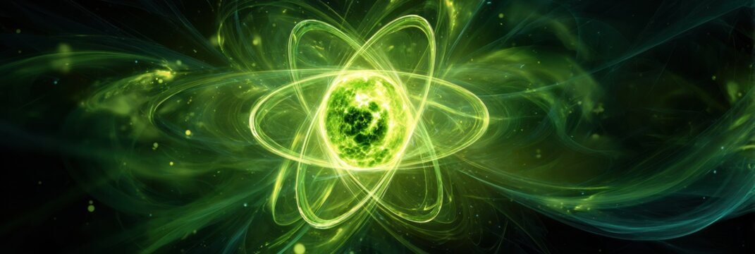 Vibrant Green Atomic Energy Swirling in a Cosmic Background With Glowing Particles Creating a Mesmerizing Visual Experience