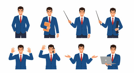Set of Business Man Character Poses Presentation Talking Working and Gestures on White Background