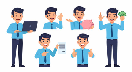 Set of Businessman Character Gestures Finance Work Success and Approval Illustrations