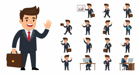 Businessman Character Set Various Poses Waving Working and Presenting for Corporate Concepts
