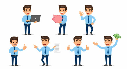 Businessman Character Set Working Saving Success and Money Gestures Isolated on White Background