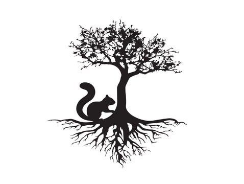 Playful squirrel around tree roots 2D vector line art composition  