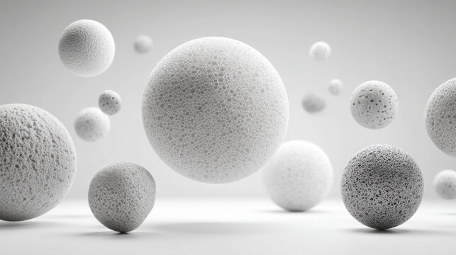 A minimalist pack shot of isolated abstract elements. A collection of porous, sponge-like forms in stark white and subtle gray floating on a seamless, solid white background. 3D illustration 