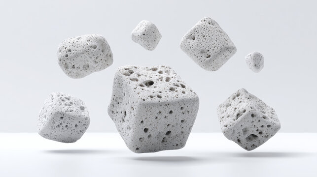 A minimalist abstract elements. A collection of porous sponge-like forms in stark white and subtle gray floating on a white background. 3D rendering illustration with a textured.