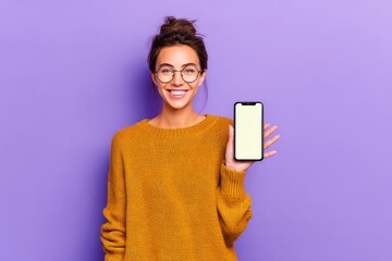 Laughing woman with phone mockup and violet background