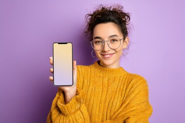 Laughing woman with phone mockup and violet background