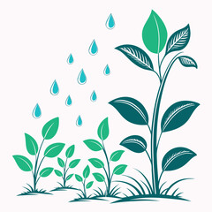 Green plants growing with water drops falling from above illustration