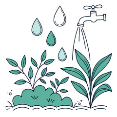 Watering plants with a tap and falling water drops illustration