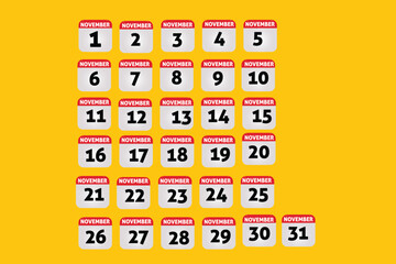 Vector art of calendar with numbers from 1 to 31 on a yellow background