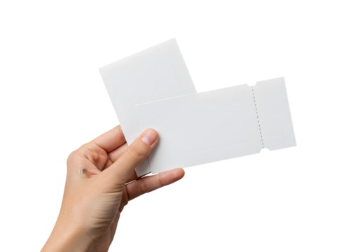 Hand holding blank white tickets or coupons ready for event entry, giveaway, or special offer promotion, offering versatile design space - Powered by Adobe