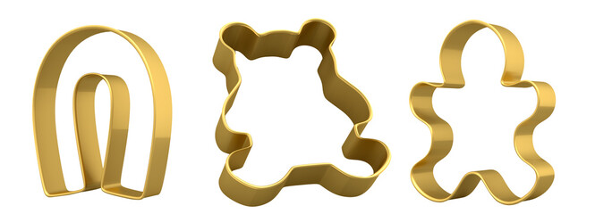Set of metal cookie cutters for homemade Christmas biscuit on a white background. 3d render of making gingerbread cookies in the kitchen.