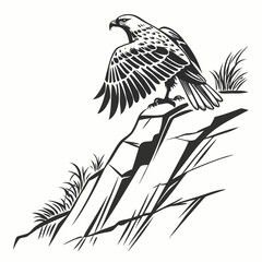 Black and white illustration of an eagle perched on a rocky cliff with wings spread