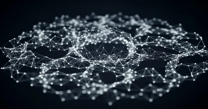 Abstract network of interconnected nodes and lines on a dark background