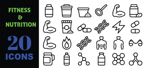Naklejka premium Vector art of fitness and nutrition icons set